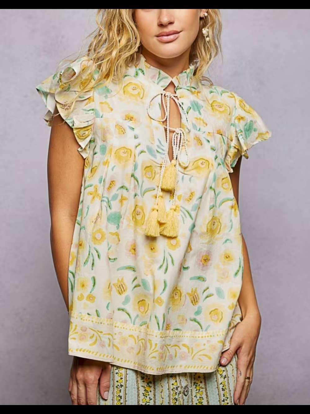 POL Yellow Floral Tassel Tie Flutter-Sleeve Blouse